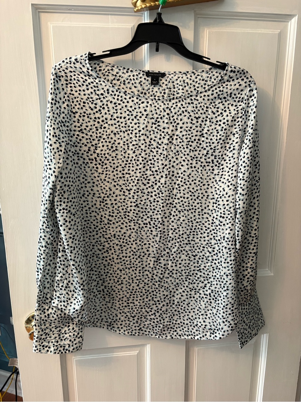 Ann Taylor Factory White Blouse with Black Dot Print